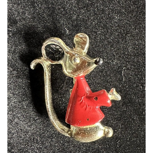 Pin Brooch Mouse Wearing Red Shirt Pin Brooch Small Goldtone 1” Vintage - Picture 3 of 5